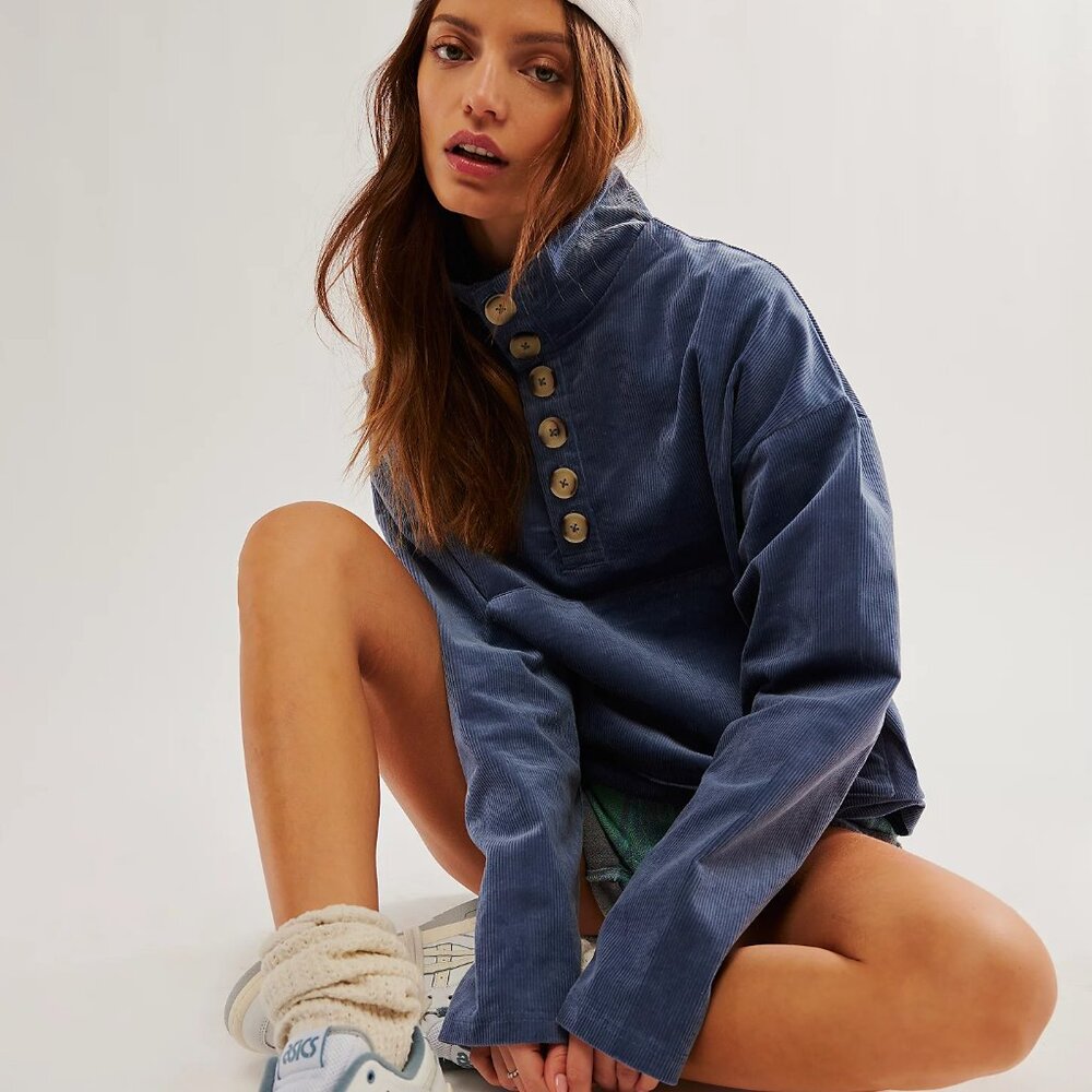 Free People Falling Forward Knitted Buttoned Turtleneck